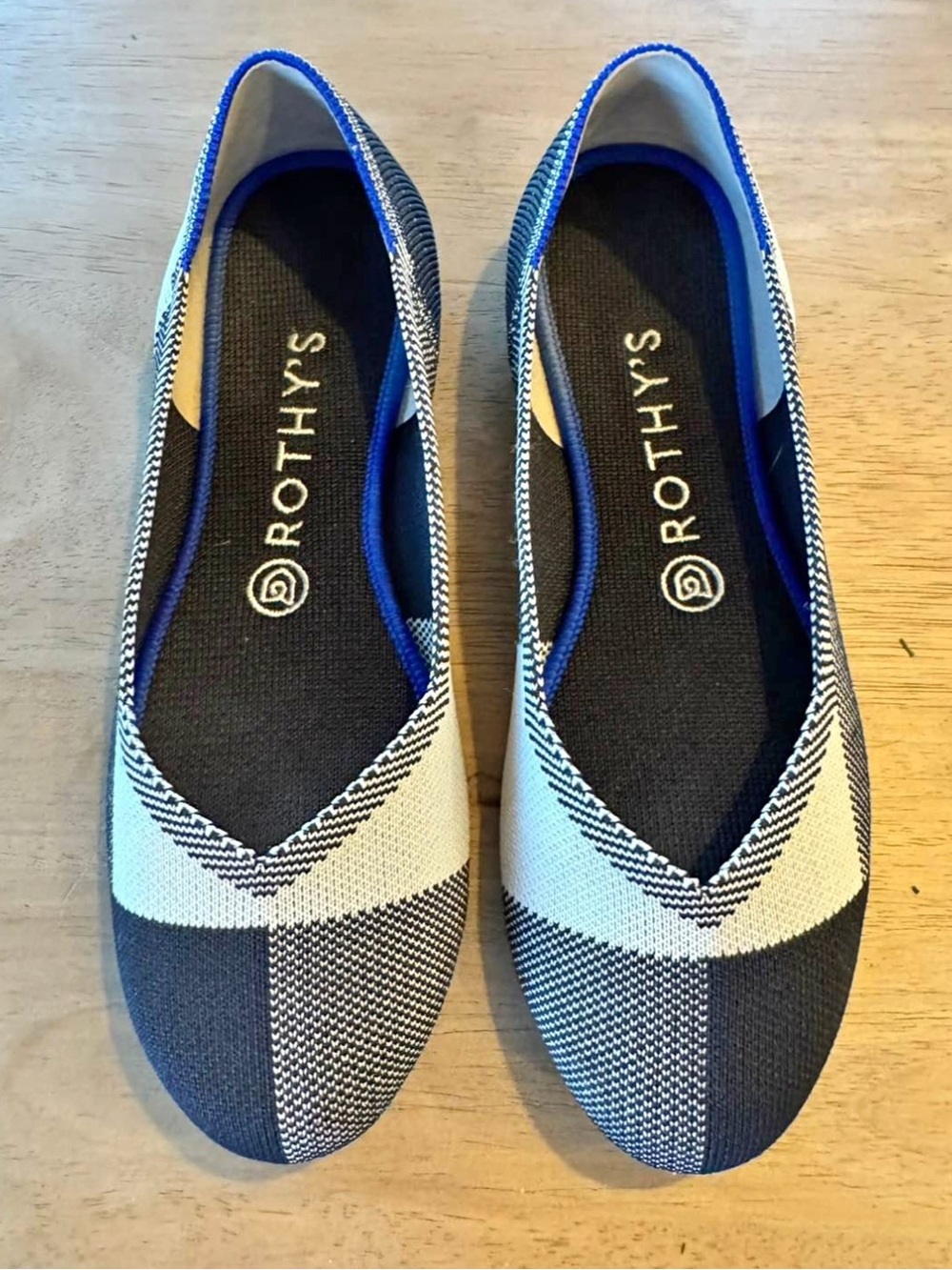 Rothy's Black & White Knit Ballet Flats with Blue Trim